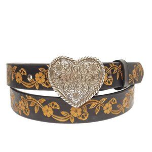 Western Silver Heart w. hand-Painted floral tooled belt